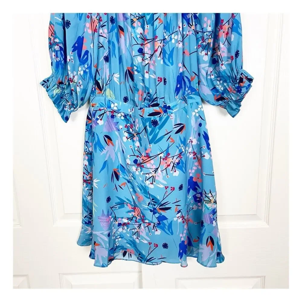 Saloni Grace Floral Blue Bell Off Shoulder Silk Dress Lined